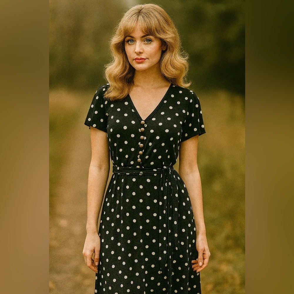 Vintage Talbots Retro Mod Inspired MIDI dress Black White Polka Dot Belt size 4 